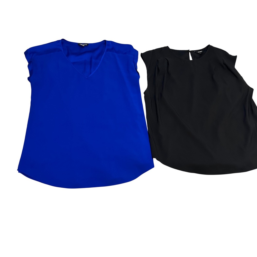Express Womens Blouse Bundle Blue V-Neck & Black Pleated Keyhole Top Large 2 Pk